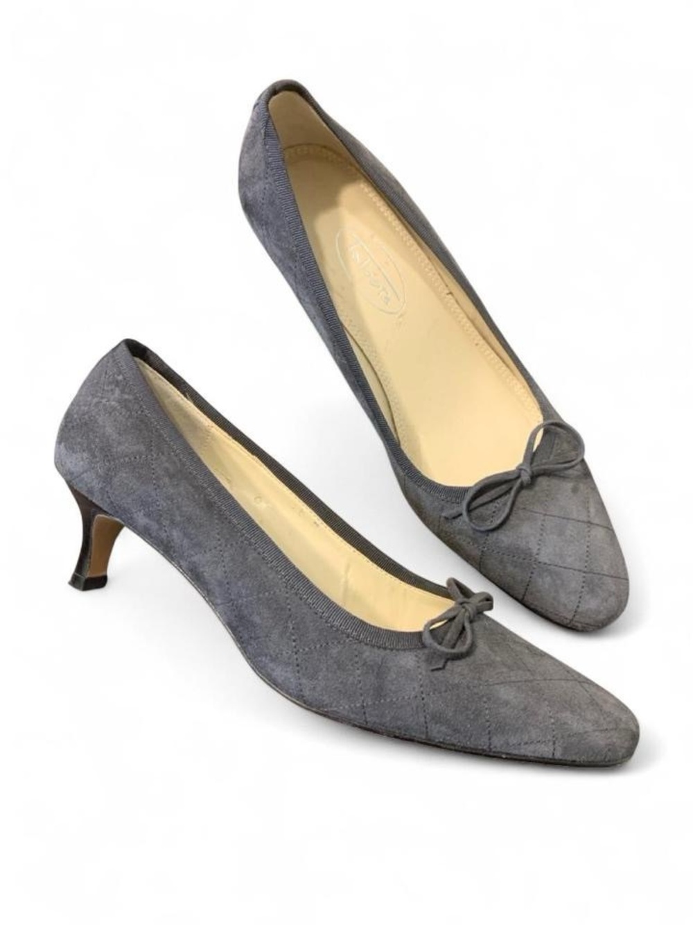 Talbots Grey Suede Quilted Kitten Heel Pumps with Bow